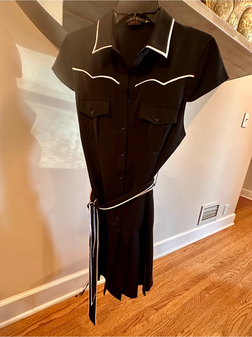 Alice + Olivia Black Shirt Dress with White Piping and Waist Tie